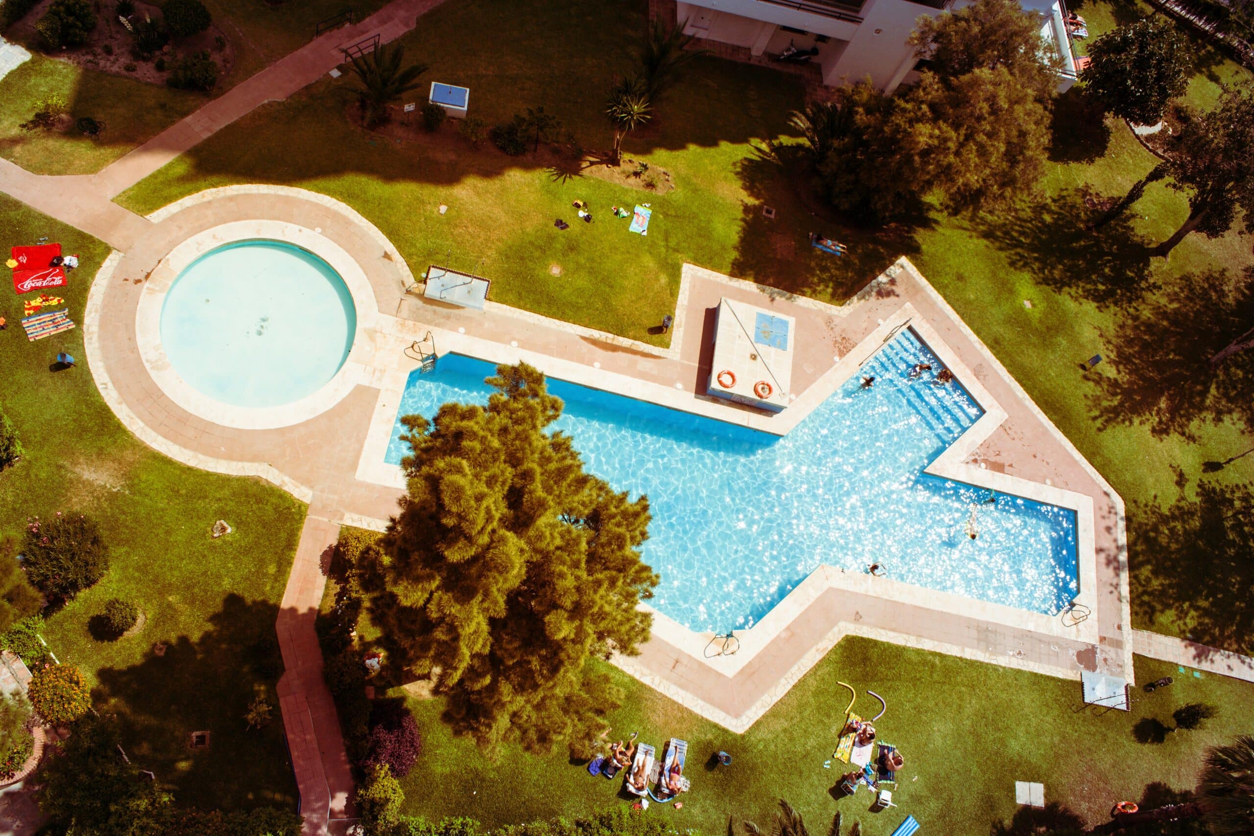 overhead view of a pool in a backyard